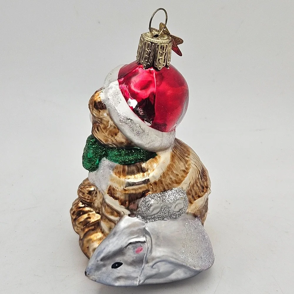Vintage OWC Glass Cat & Mouse Christmas Ornament Santa Hat